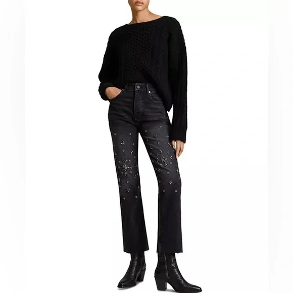 AllSaints NWT High-Waisted Rhinestone Embellished Flared Washed Black Jeans